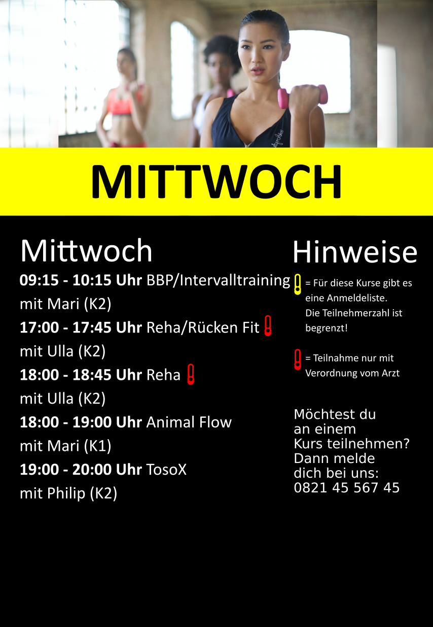 Kursplan mittwoch fitnesskurse gruppenkurse kurse Kursplan Sanus Gersthofen Fitnessstudio