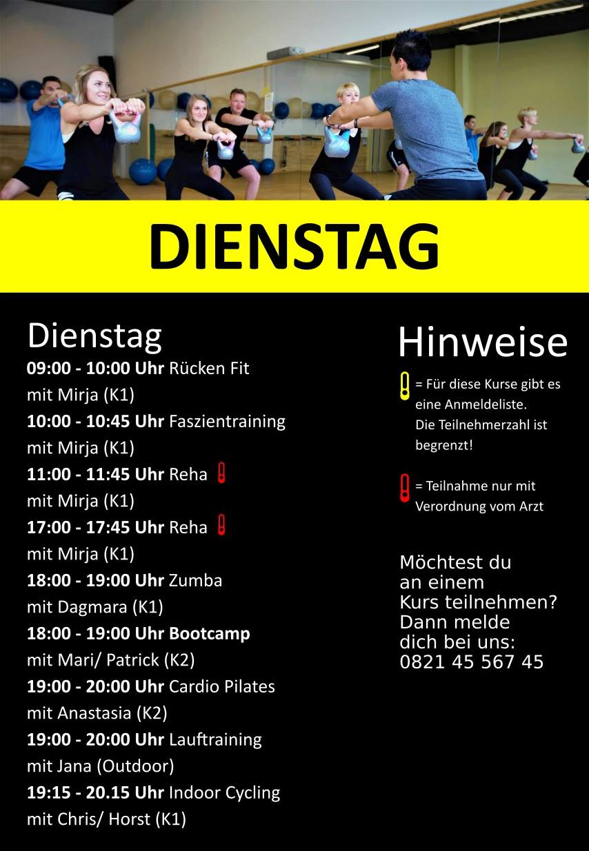 Kursplan Dienstag fitnesskurse gruppenkurse kurse Kursplan Sanus Gersthofen Fitnessstudio